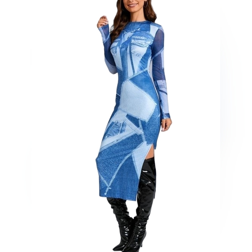 Faux Denim Look Long Sleeve Midi Bodycon Dress S M L